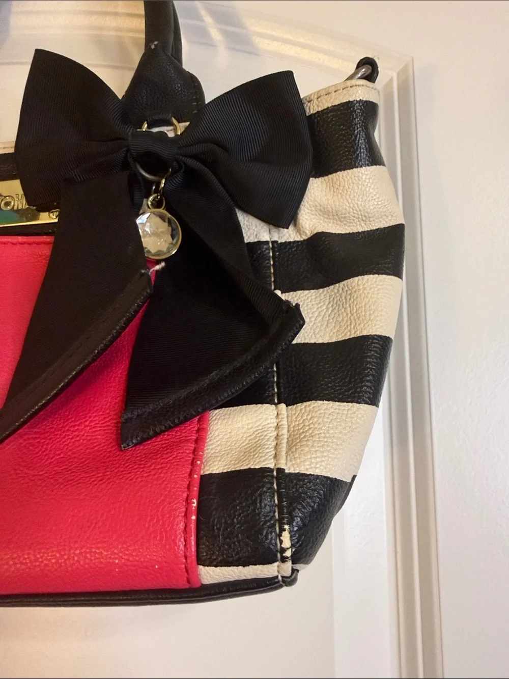Betsey Johnson Black & White Striped Satchel with Pink Pocket and Black Bow